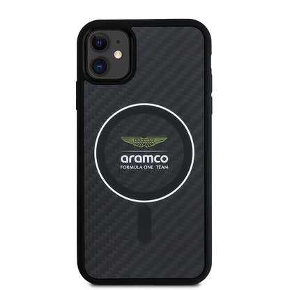 Apple iPhone 11 Kılıf Aston Martin Orjinal Lisanslı M-safe Şarj Özellikli Renkli Halka ve Karbon Fiber Tasarımlı Kapak