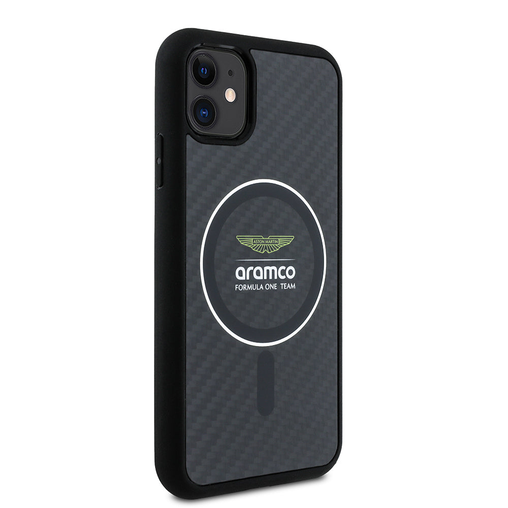 Apple iPhone 11 Kılıf Aston Martin Orjinal Lisanslı M-safe Şarj Özellikli Renkli Halka ve Karbon Fiber Tasarımlı Kapak