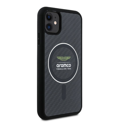 Apple iPhone 11 Kılıf Aston Martin Orjinal Lisanslı M-safe Şarj Özellikli Renkli Halka ve Karbon Fiber Tasarımlı Kapak