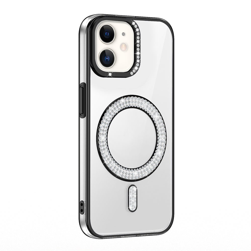 Apple iPhone 12 Kılıf Pırlanta Taş Tasarımlı M-safe Şarj Özellikli Zore Karetta Silikon Kapak