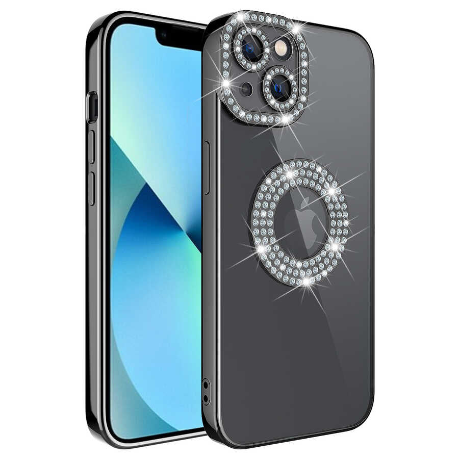 Apple iPhone 13 Kılıf Kamera Korumalı Taş Süslemeli Arkası Şeffaf Zore Asya Kapak