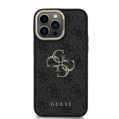 Apple iPhone 13 Pro Max Kılıf Guess Orjinal Lisanslı PU Deri 4G Desenli Metal Büyük 4G ve Yazı Logolu Kamera Standlı Kapak
