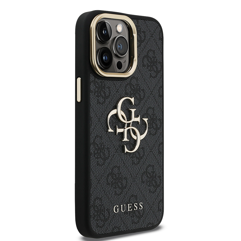 Apple iPhone 13 Pro Max Kılıf Guess Orjinal Lisanslı PU Deri 4G Desenli Metal Büyük 4G ve Yazı Logolu Kamera Standlı Kapak