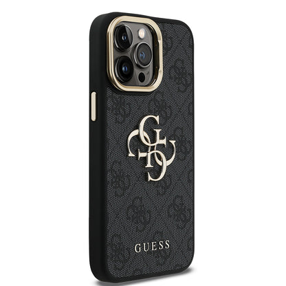 Apple iPhone 13 Pro Max Kılıf Guess Orjinal Lisanslı PU Deri 4G Desenli Metal Büyük 4G ve Yazı Logolu Kamera Standlı Kapak