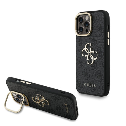 Apple iPhone 13 Pro Max Kılıf Guess Orjinal Lisanslı PU Deri 4G Desenli Metal Büyük 4G ve Yazı Logolu Kamera Standlı Kapak