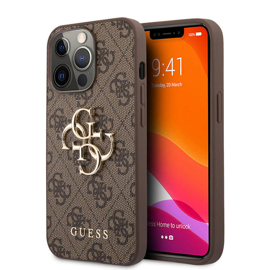 Apple iPhone 13 Pro Max Kılıf Guess Orjinal Lisanslı PU Deri 4G Desenli Metal Büyük 4G ve Yazı Logolu Kapak