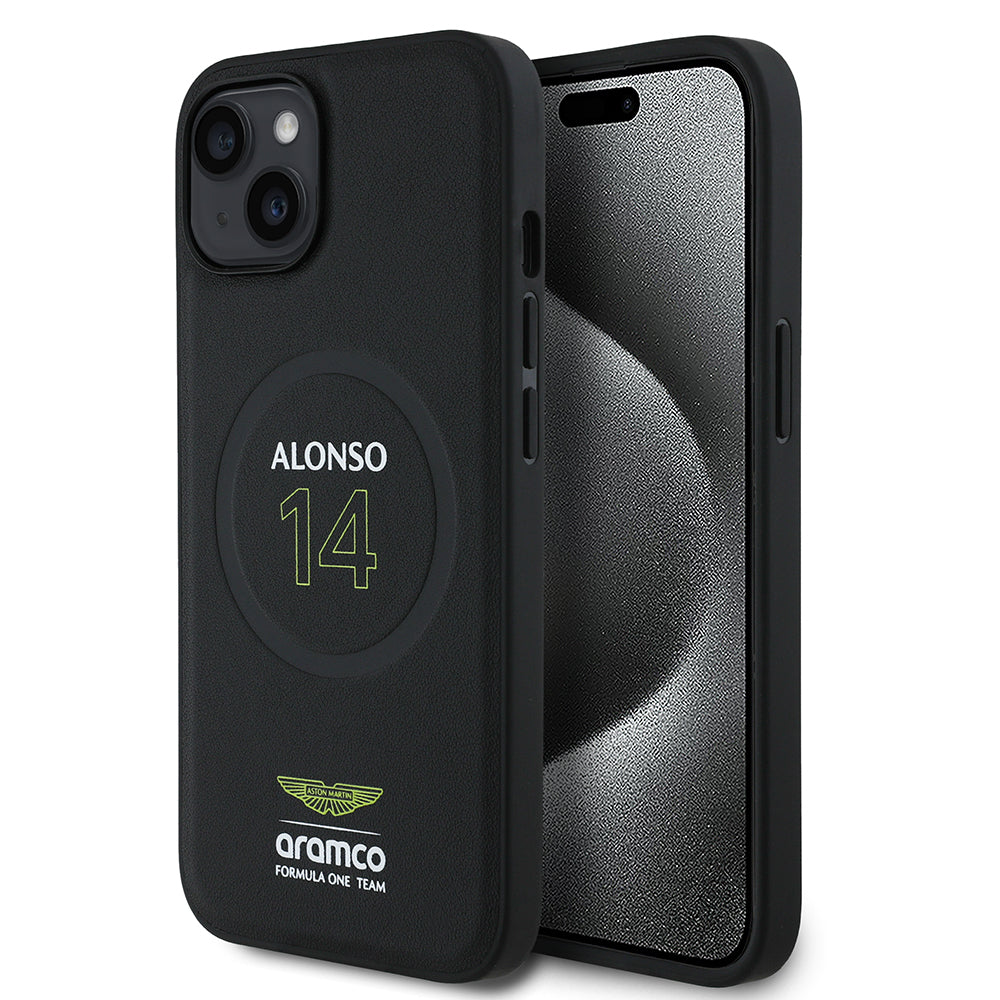 Apple iPhone 14 Kılıf Aston Martin Orjinal Lisanslı M-safe Şarj Özellikli PU Deri Alonso 14 Baskılı Kapak