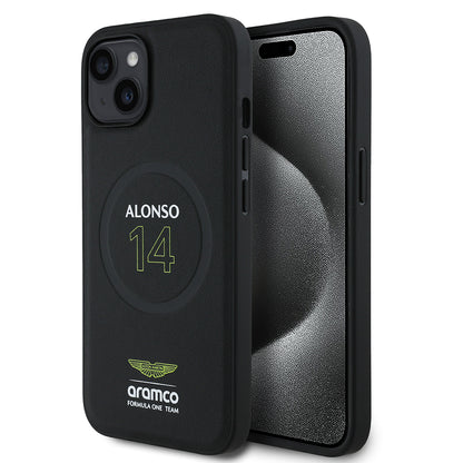 Apple iPhone 14 Kılıf Aston Martin Orjinal Lisanslı M-safe Şarj Özellikli PU Deri Alonso 14 Baskılı Kapak