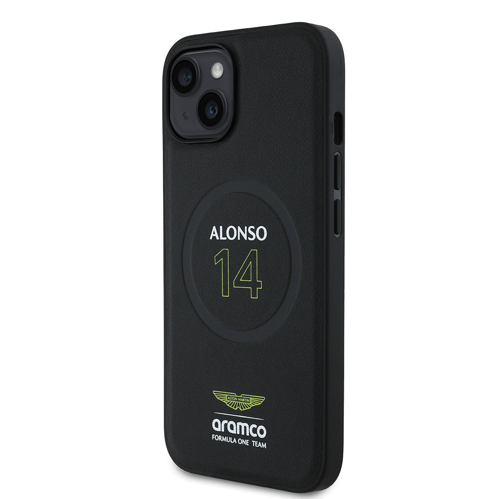 Apple iPhone 14 Kılıf Aston Martin Orjinal Lisanslı M-safe Şarj Özellikli PU Deri Alonso 14 Baskılı Kapak