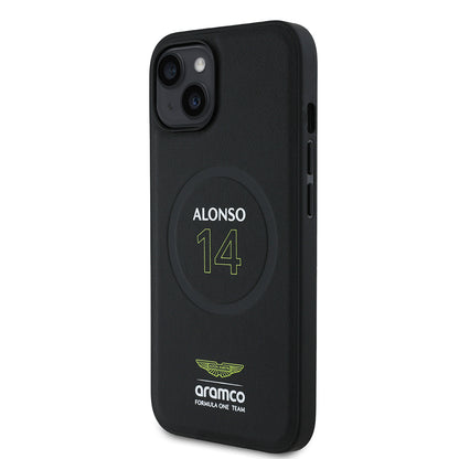 Apple iPhone 14 Kılıf Aston Martin Orjinal Lisanslı M-safe Şarj Özellikli PU Deri Alonso 14 Baskılı Kapak