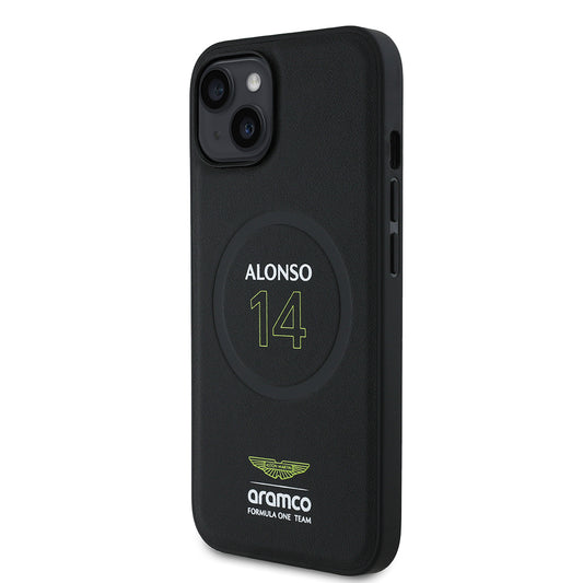 Apple iPhone 14 Kılıf Aston Martin Orjinal Lisanslı M-safe Şarj Özellikli PU Deri Alonso 14 Baskılı Kapak