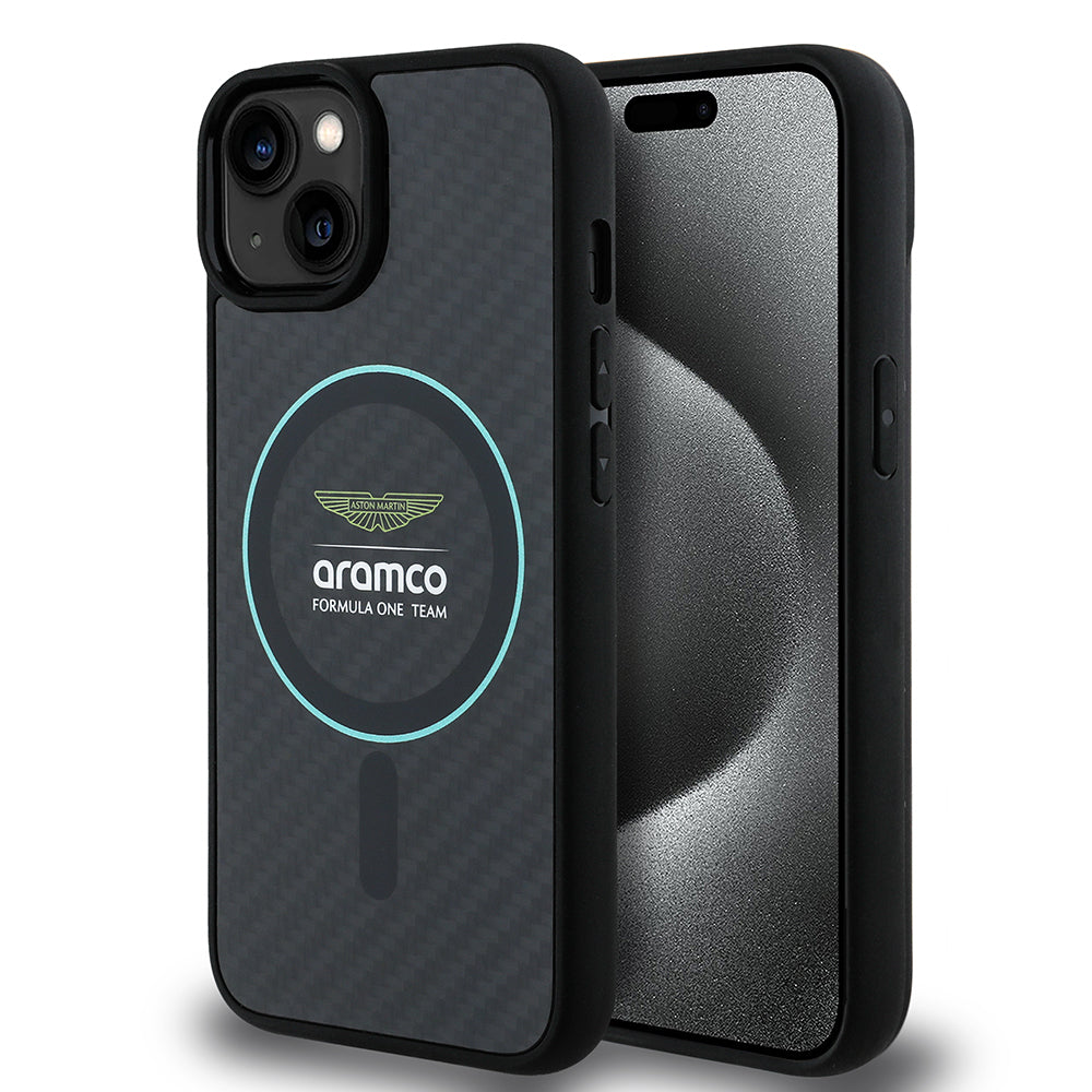 Apple iPhone 14 Kılıf Aston Martin Orjinal Lisanslı M-safe Şarj Özellikli Renkli Halka ve Karbon Fiber Tasarımlı Kapak