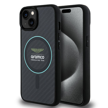 Apple iPhone 14 Kılıf Aston Martin Orjinal Lisanslı M-safe Şarj Özellikli Renkli Halka ve Karbon Fiber Tasarımlı Kapak