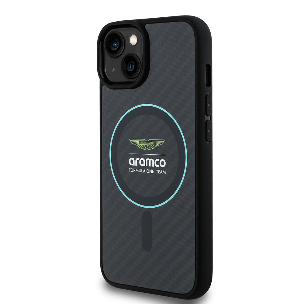 Apple iPhone 14 Kılıf Aston Martin Orjinal Lisanslı M-safe Şarj Özellikli Renkli Halka ve Karbon Fiber Tasarımlı Kapak