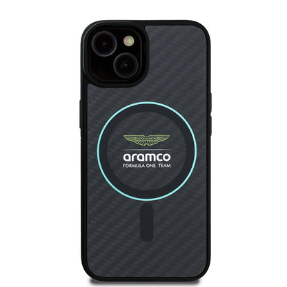 Apple iPhone 14 Kılıf Aston Martin Orjinal Lisanslı M-safe Şarj Özellikli Renkli Halka ve Karbon Fiber Tasarımlı Kapak