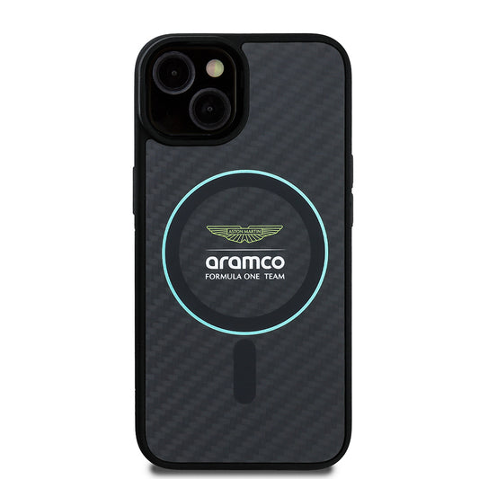 Apple iPhone 14 Kılıf Aston Martin Orjinal Lisanslı M-safe Şarj Özellikli Renkli Halka ve Karbon Fiber Tasarımlı Kapak