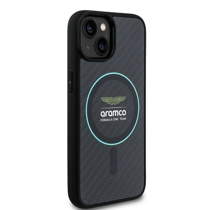 Apple iPhone 14 Kılıf Aston Martin Orjinal Lisanslı M-safe Şarj Özellikli Renkli Halka ve Karbon Fiber Tasarımlı Kapak