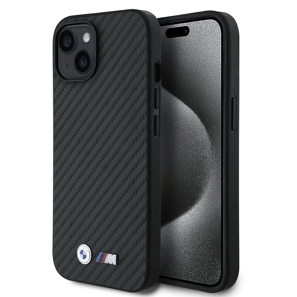 Apple iPhone 14 Kılıf BMW Orjinal Lisanslı Karbon Fiber Tasarımlı ve Metal Logolu PU Deri Kapak