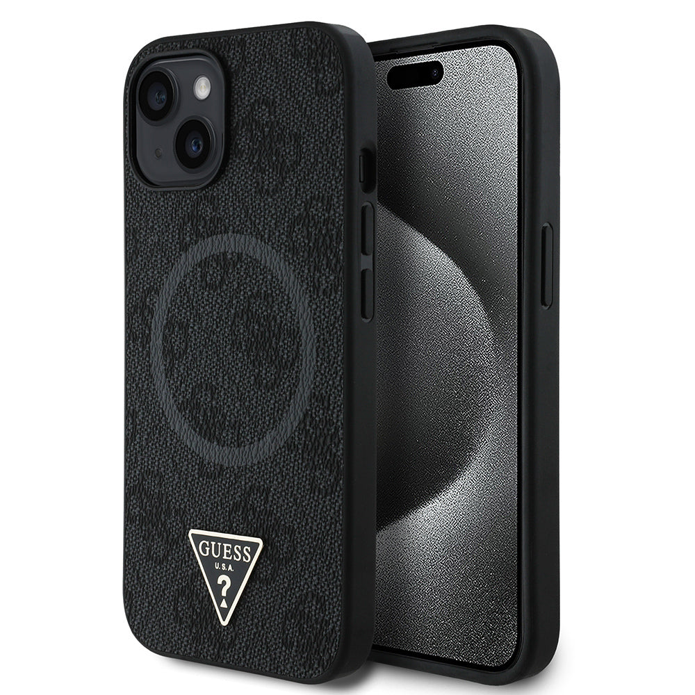Apple iPhone 14 Kılıf Guess Orjinal Lisanslı M-safe Şarj Özellikli PU Üçgen Logo 4G Desenli Kapak