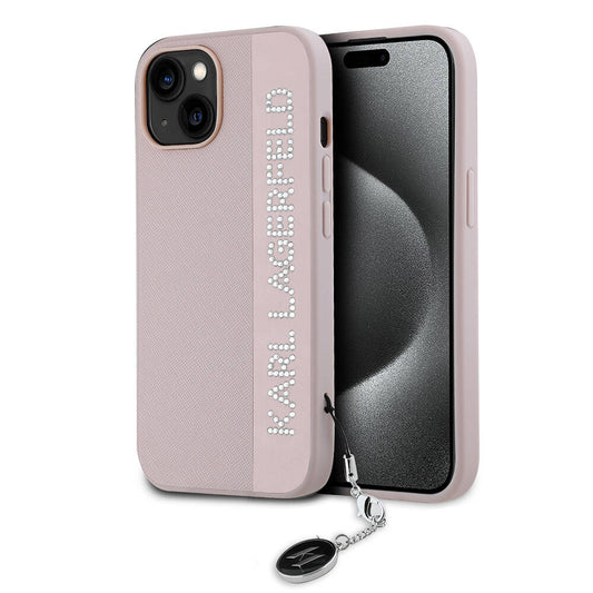 Apple iPhone 14 Kılıf Karl Lagerfeld Orjinal Lisanslı Anahtarlıklı Taşlı KL Yazılı Saffiano Rhinestones Kapak