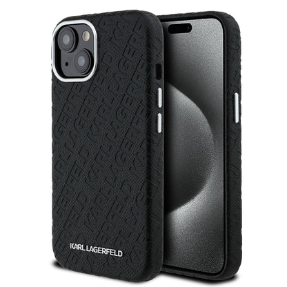 Apple iPhone 14 Kılıf Karl Lagerfeld Orjinal Lisanslı PU Deri Damgalı Metal Yazı Logolu Kapak
