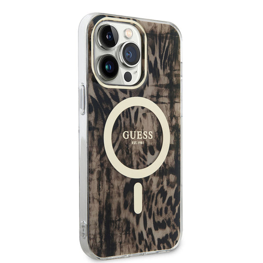 Apple iPhone 14 Pro Kılıf GUESS M-safe Şarj Özellikli Leopar Desenli Kapak