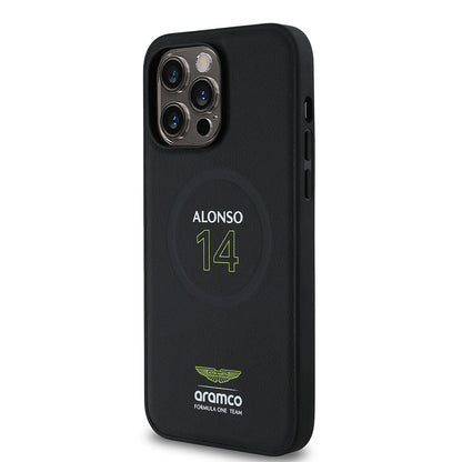 Apple iPhone 14 Pro Max Kılıf Aston Martin Orjinal Lisanslı M-safe Şarj Özellikli PU Deri Alonso 14 Baskılı Kapak
