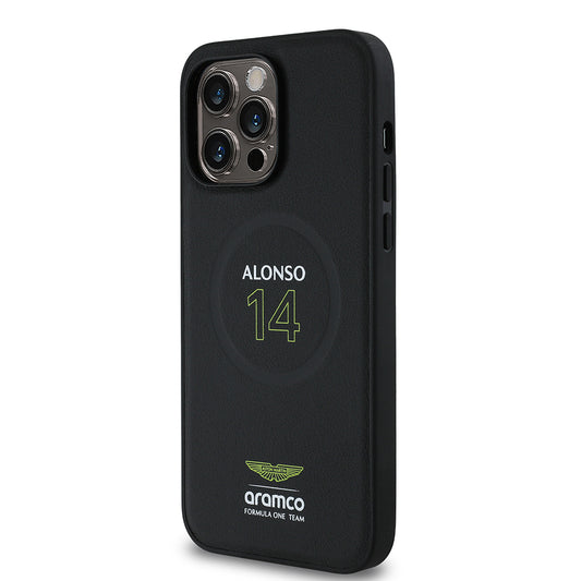 Apple iPhone 14 Pro Max Kılıf Aston Martin Orjinal Lisanslı M-safe Şarj Özellikli PU Deri Alonso 14 Baskılı Kapak
