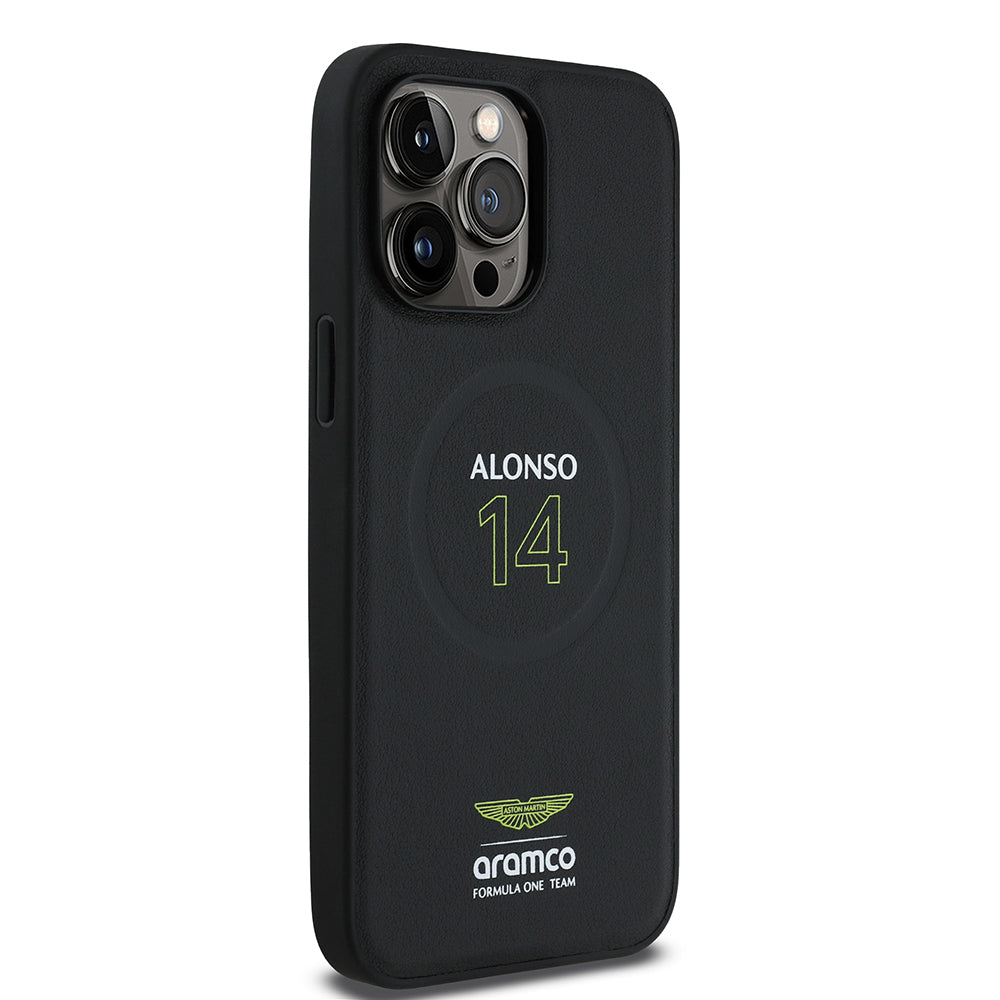 Apple iPhone 14 Pro Max Kılıf Aston Martin Orjinal Lisanslı M-safe Şarj Özellikli PU Deri Alonso 14 Baskılı Kapak