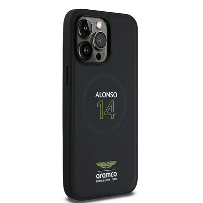 Apple iPhone 14 Pro Max Kılıf Aston Martin Orjinal Lisanslı M-safe Şarj Özellikli PU Deri Alonso 14 Baskılı Kapak