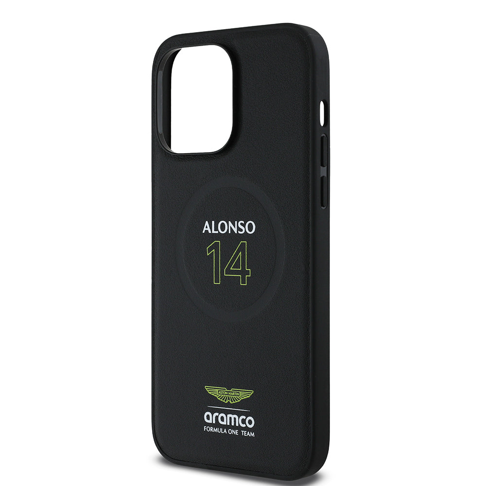 Apple iPhone 14 Pro Max Kılıf Aston Martin Orjinal Lisanslı M-safe Şarj Özellikli PU Deri Alonso 14 Baskılı Kapak