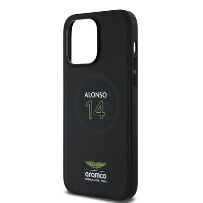 Apple iPhone 14 Pro Max Kılıf Aston Martin Orjinal Lisanslı M-safe Şarj Özellikli PU Deri Alonso 14 Baskılı Kapak