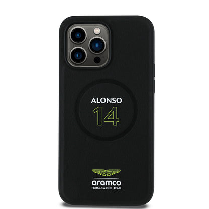 Apple iPhone 14 Pro Max Kılıf Aston Martin Orjinal Lisanslı M-safe Şarj Özellikli PU Deri Alonso 14 Baskılı Kapak