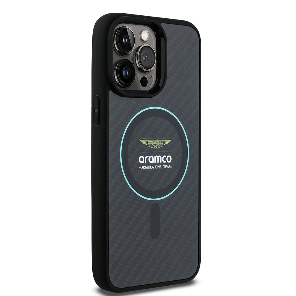 Apple iPhone 14 Pro Max Kılıf Aston Martin Orjinal Lisanslı M-safe Şarj Özellikli Renkli Halka ve Karbon Fiber Tasarımlı Kapak