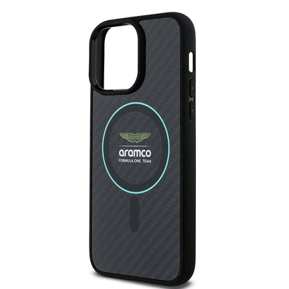 Apple iPhone 14 Pro Max Kılıf Aston Martin Orjinal Lisanslı M-safe Şarj Özellikli Renkli Halka ve Karbon Fiber Tasarımlı Kapak