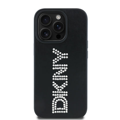 Apple iPhone 14 Pro Max Kılıf DKNY Orjinal Lisanslı Taşlı DKNY Yazılı Metalik Rhinestones PU Deri Kapak