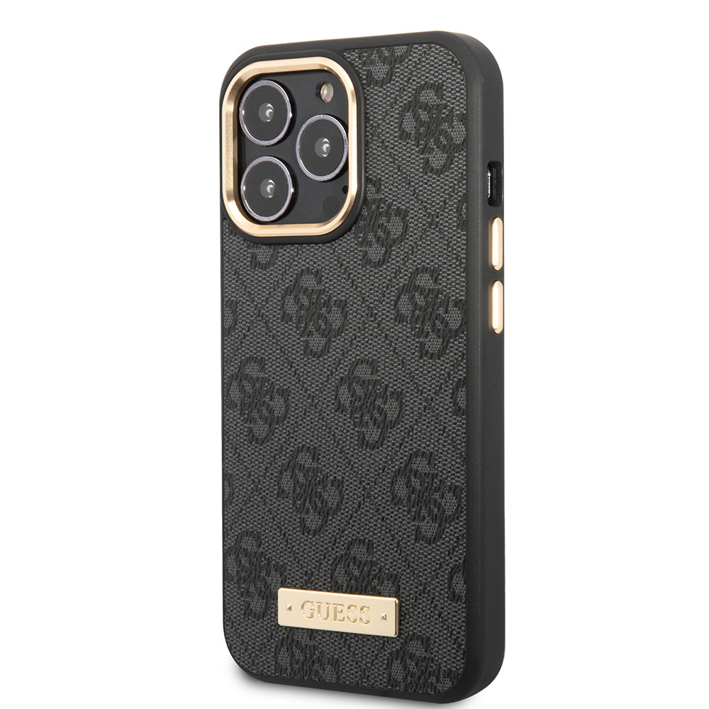 Apple iPhone 14 Pro Max Kılıf Guess Orjinal Lisanslı M-safe Şarj Özellikli 4G Desenli PU Metal Plaka Klasik Logolu Kapak