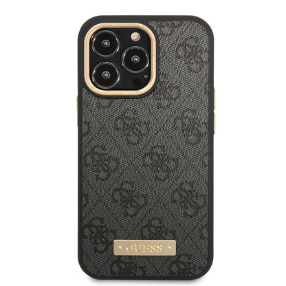 Apple iPhone 14 Pro Max Kılıf Guess Orjinal Lisanslı M-safe Şarj Özellikli 4G Desenli PU Metal Plaka Klasik Logolu Kapak