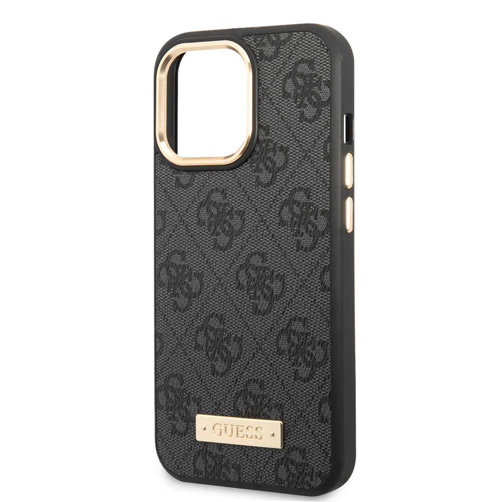 Apple iPhone 14 Pro Max Kılıf Guess Orjinal Lisanslı M-safe Şarj Özellikli 4G Desenli PU Metal Plaka Klasik Logolu Kapak