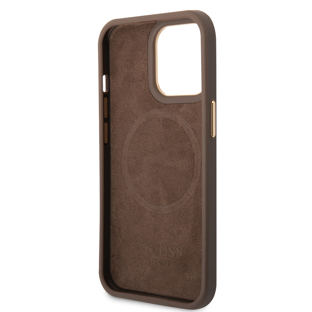 Apple iPhone 14 Pro Max Kılıf Guess Orjinal Lisanslı M-safe Şarj Özellikli 4G Desenli PU Metal Plaka Klasik Logolu Kapak