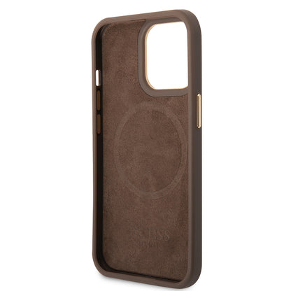 Apple iPhone 14 Pro Max Kılıf Guess Orjinal Lisanslı M-safe Şarj Özellikli 4G Desenli PU Metal Plaka Klasik Logolu Kapak