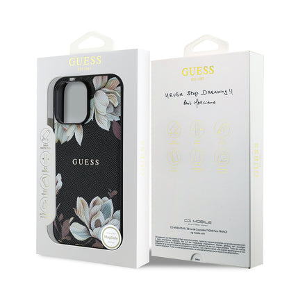 Apple iPhone 14 Pro Max Kılıf Guess Orjinal Lisanslı M-safe Şarj Özellikli Taneli Çiçek Tasarımlı Metal Yazı Logolu Kapak