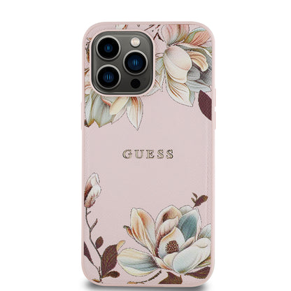 Apple iPhone 14 Pro Max Kılıf Guess Orjinal Lisanslı M-safe Şarj Özellikli Taneli Çiçek Tasarımlı Metal Yazı Logolu Kapak