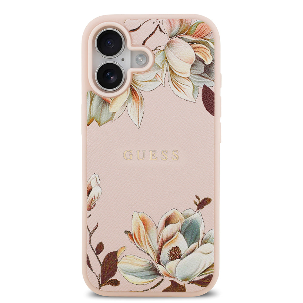 Apple iPhone 17 Kılıf Guess Orjinal Lisanslı M-safe Şarj Özellikli Taneli Çiçek Tasarımlı Metal Yazı Logolu Kapak