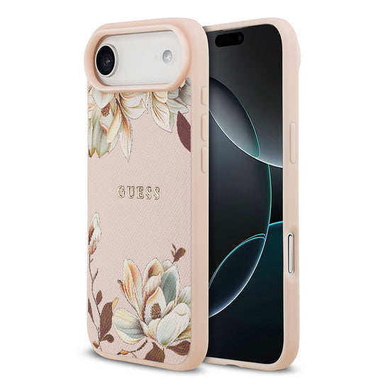 Apple iPhone 17 Air Kılıf Guess Orjinal Lisanslı M-safe Şarj Özellikli Taneli Çiçek Tasarımlı Metal Yazı Logolu Kapak