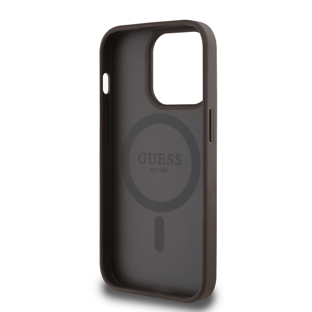 Apple iPhone 14 Pro Max Kılıf Guess Orjinal Lisanslı M-safe Şarj Özellikli Sıcak Baskılı Üçgen Logolu PU Deri Peony Kapak