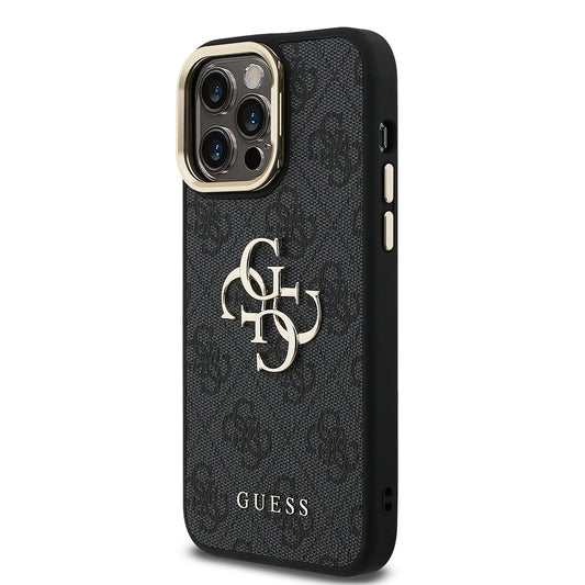 Apple iPhone 14 Pro Max Kılıf Guess Orjinal Lisanslı PU Deri 4G Desenli Metal Büyük 4G ve Yazı Logolu Kamera Standlı Kapak