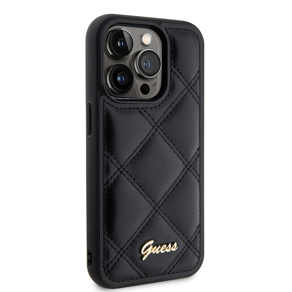 Apple iPhone 14 Pro Max Kılıf Guess Orjinal Lisanslı PU Deri Metal Yazı Logolu Kapitone Kapak