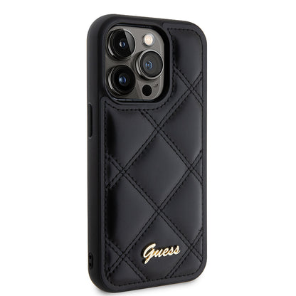 Apple iPhone 14 Pro Max Kılıf Guess Orjinal Lisanslı PU Deri Metal Yazı Logolu Kapitone Kapak