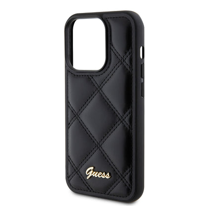 Apple iPhone 14 Pro Max Kılıf Guess Orjinal Lisanslı PU Deri Metal Yazı Logolu Kapitone Kapak